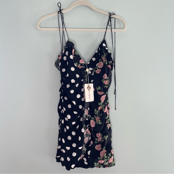 For Love And Lemons Mochi Shirred Mini Dress Black Floral Polka Print NWT XS - Picture 5 of 15